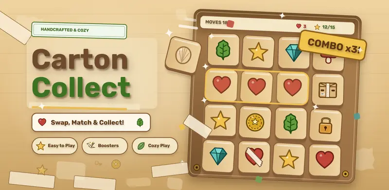 Carton Collect feature graphic: cardboard match-3 board with leaf, heart, star and gem tiles